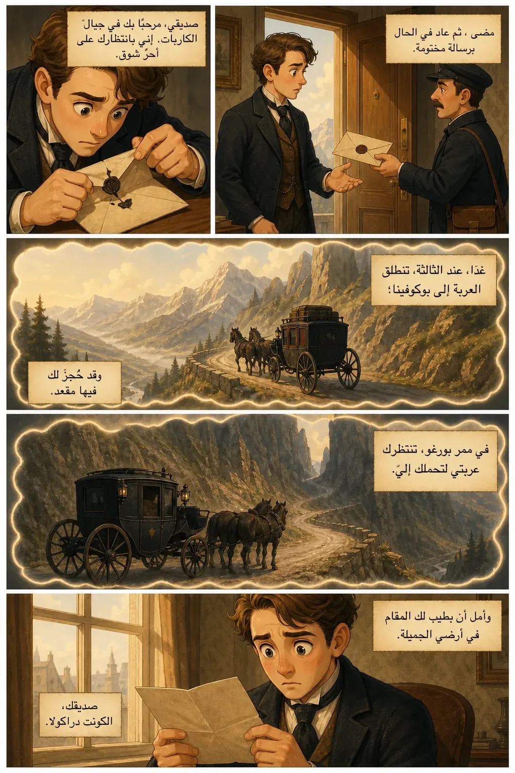 دراكولا، صفحة مصورة 8: مضى، ثم عاد في الحال برسالة مختومة.