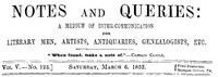 Cover of Notes and Queries, Vol. V, Number 123, March 6, 1852 A Medium of Inter-communication for Literary Men, Artists, Antiquaries, Genealogists, etc.