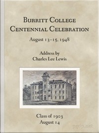 Cover of Burritt College Centennial Celebration, August 13-15, 1948 Address by Charles Lee Lewis