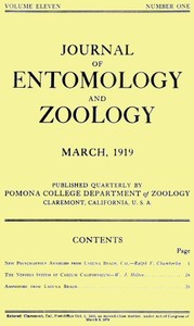 Cover of Journal of Entomology and Zoology, Vol. 11, No. 1, March 1919