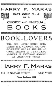 Cover of Harry F. Marks Catalogue No. 4, 1919 Choice and Unusual Books