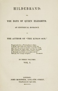 Cover of Hildebrand; or, The Days of Queen Elizabeth, An Historic Romance, Vol. 1 of 3