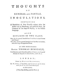 Cover of Thoughts on General and Partial Inoculations Containing a translation of two treatises written when the author was at Petersburg, and published there, by Command of her Imperial Majesty, in the Russian Language
