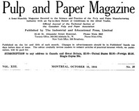 Cover of Pulp and Paper Magazine, Vol. XIII, No. 20, October 15, 1916
A Semi-Monthly Magazine Devoted to the Science and Practice of the Pulp and Paper Manufacturing Industry with an Up-to-date Review of Conditions in the Allied Trades.