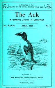 Cover of The Auk: A Quarterly Journal of Ornithology, Vol. XXXVI APRIL, 1919 No. 2