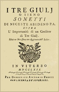 Cover of I Tre Giulj o sieno Sonetti di Niceste Abideno sopra l'Importunità di un Creditor di Tre Giulj
