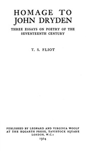 Cover of Homage to John Dryden: Three Essays on Poetry of the Seventeenth Century