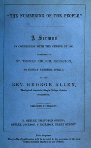 Cover of "The Numbering of the People" A Sermon in conjunction with the census of 1861 preached in St. Thomas' Church, Islington, on Sunday Evening, April 7