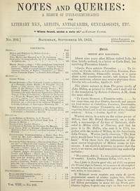 Cover of Notes and Queries, Number 202, September 10, 1853 A Medium of Inter-communication for Literary Men, Artists, Antiquaries, Geneologists, etc.