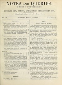 Cover of Notes and Queries, Number 198, August 13, 1853 A Medium of Inter-communication for Literary Men, Artists, Antiquaries, Geneologists, etc.