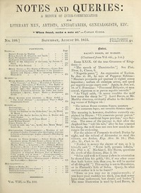 Cover of Notes and Queries, Number 199, August 20, 1853 A Medium of Inter-communication for Literary Men, Artists, Antiquaries, Geneologists, etc.