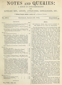 Cover of Notes and Queries, Number 200, August 27, 1853 A Medium of Inter-communication for Literary Men, Artists, Antiquaries, Geneologists, etc.