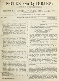 Cover of Notes and Queries, Number 205, October 1, 1853 A Medium of Inter-communication for Literary Men, Artists, Antiquaries, Geneologists, etc.