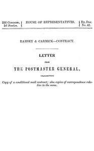 Cover of Ramsey & Carmick, contract. Letter from the Postmaster General transmitting copy of a conditional mail contract; also copies of correspondence relative to the same