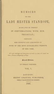 Cover of Memoirs of the Lady Hester Stanhope, as related by herself in conversations with her physician, vol. 1 (of 3)