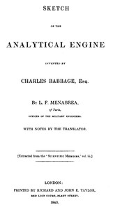Cover of Sketch of the Analytical Engine invented by Charles Babbage, Esq.