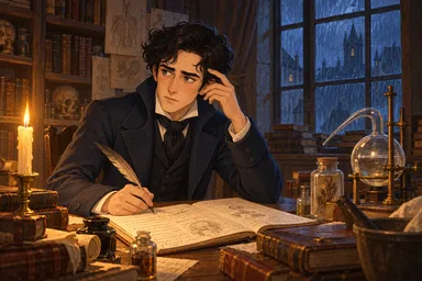 Un joven estudia un libro a la luz de una lámpara mientras estalla una tormenta tras la ventana.