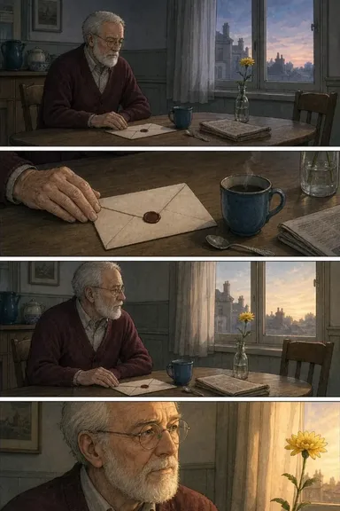 A four-panel comic page of an older man with a sealed letter at his table.