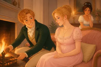 Charles Bingley adds logs to the fire beside Jane Bennet, with Elizabeth behind them.