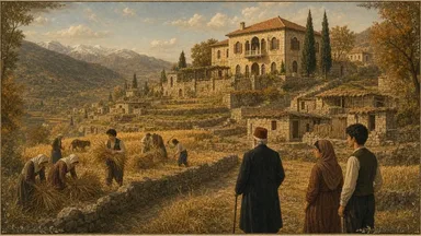 Villagers harvest grain below a stone house on a terraced hillside.