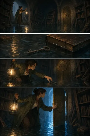 A four-panel comic page of a flooded library.