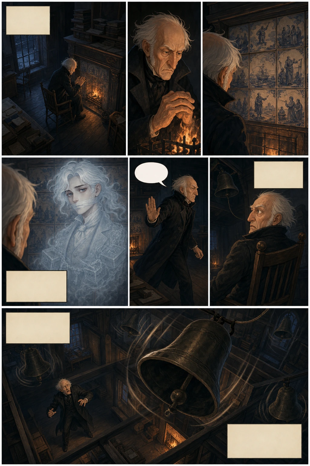 A Christmas Carol, illustrated page 14: It was a very low fire indeed. Nothing on such a bitter night.