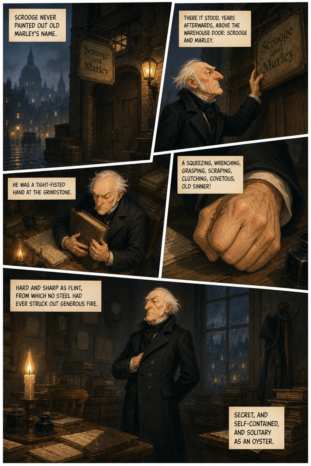 A Christmas Carol, illustrated page 2: Scrooge never painted out Old Marley’s name.