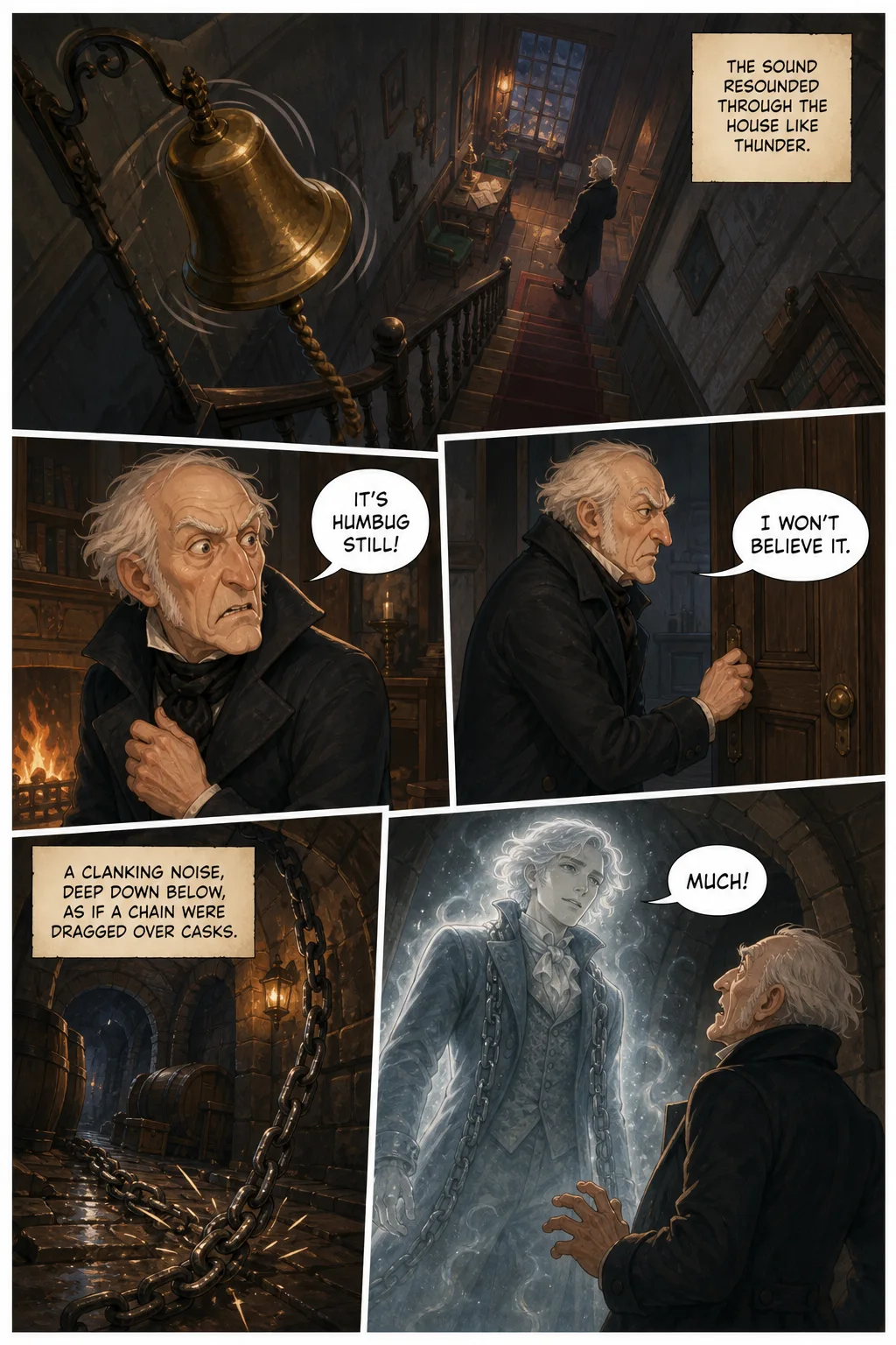 A Christmas Carol, illustrated page 11: The sound resounded through the house like thunder.