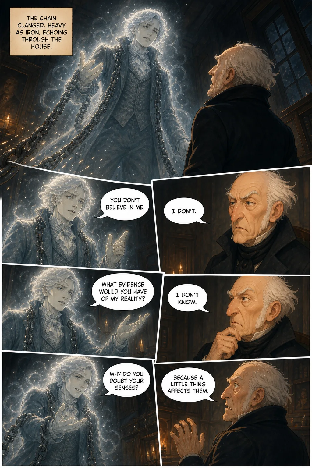 A Christmas Carol, illustrated page 13: The chain clanged, heavy as iron, echoing through the house.