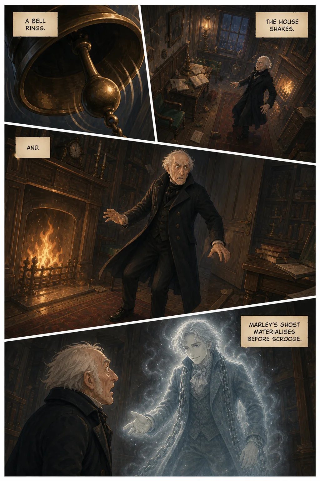 A Christmas Carol, illustrated page 14: A bell rings,