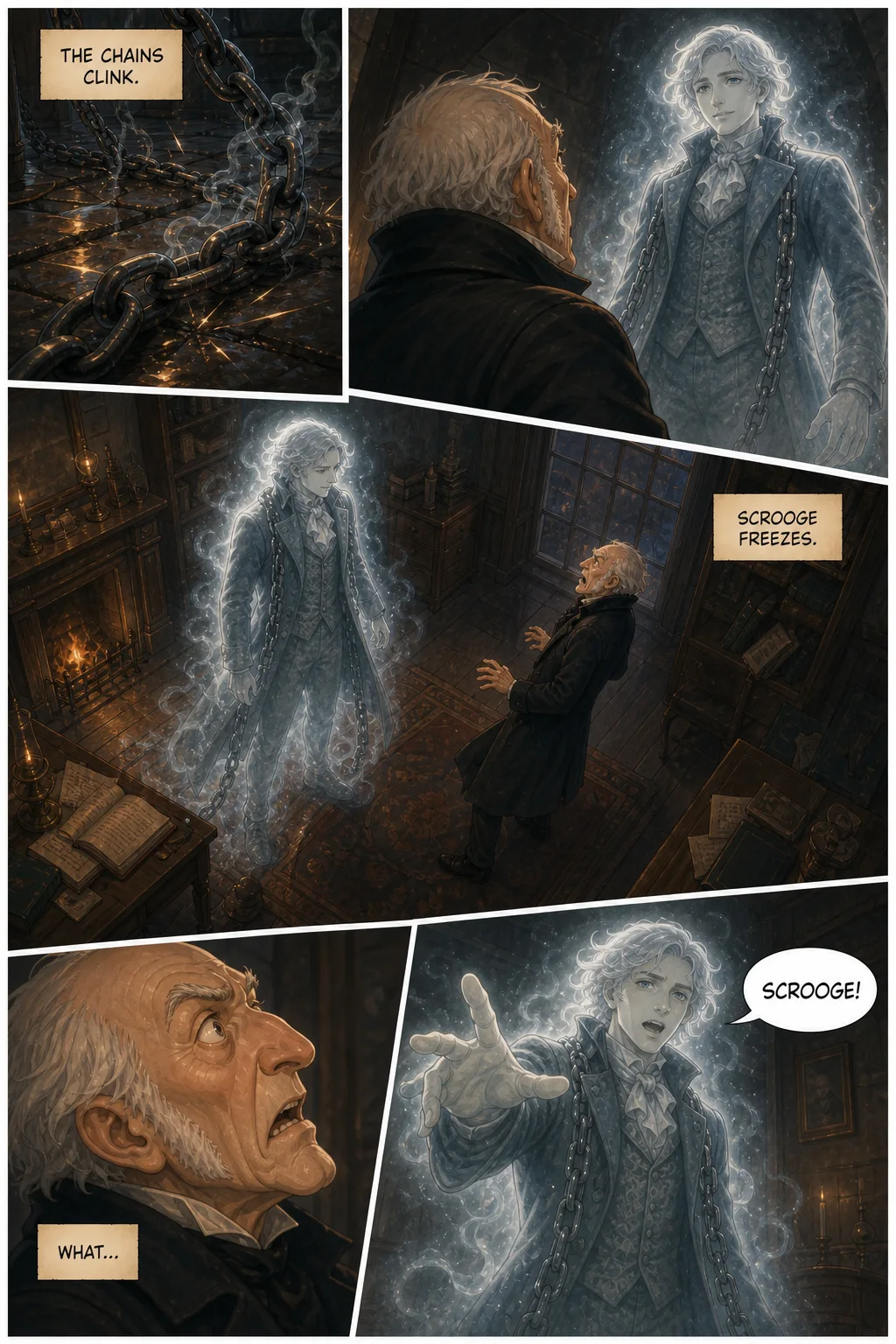 A Christmas Carol, illustrated page 15: The chains clink.