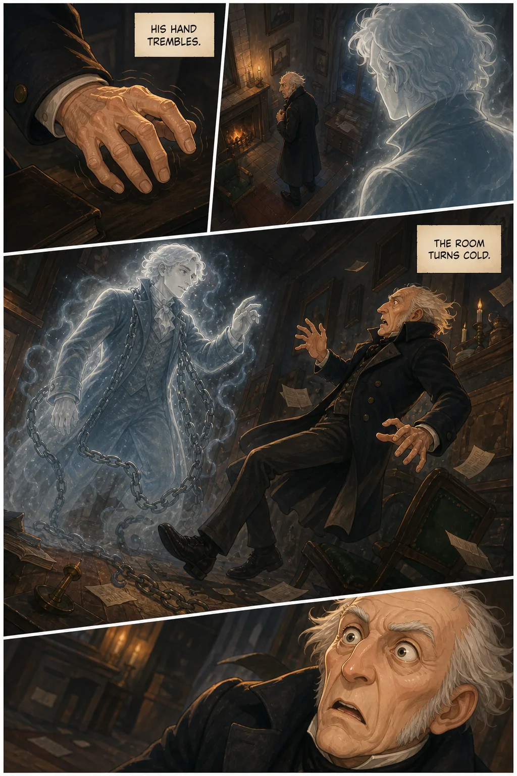 A Christmas Carol, illustrated page 16: His hand trembles.