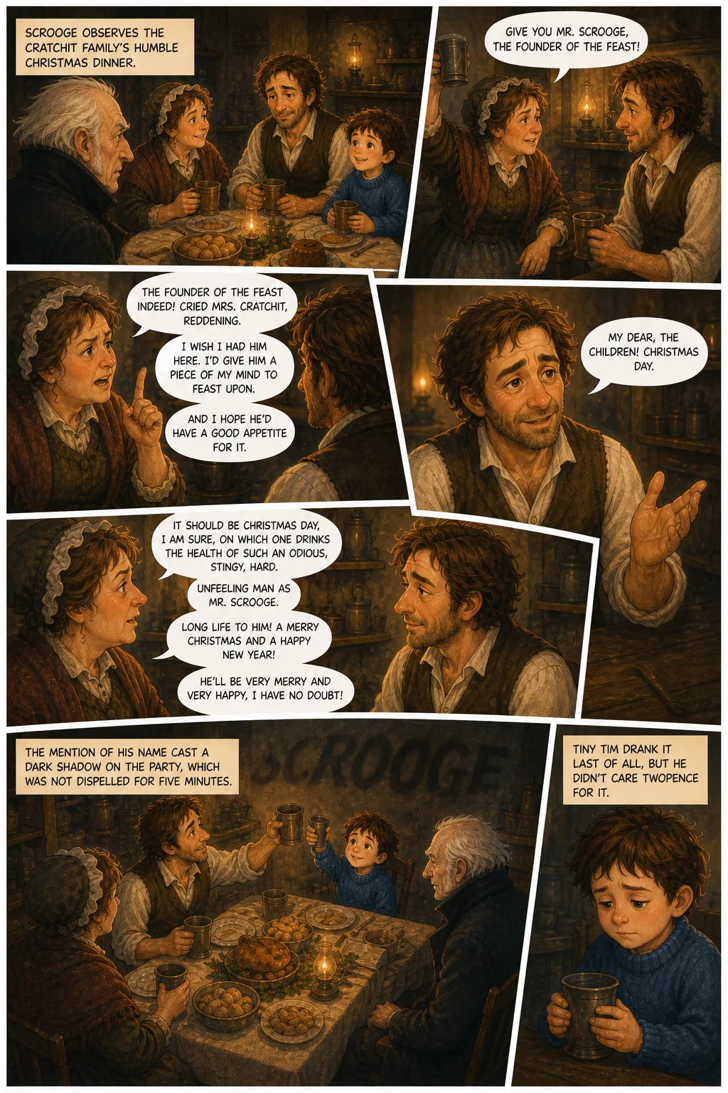 A Christmas Carol, illustrated page 19: Scrooge observes the Cratchit family’s humble Christmas dinner,