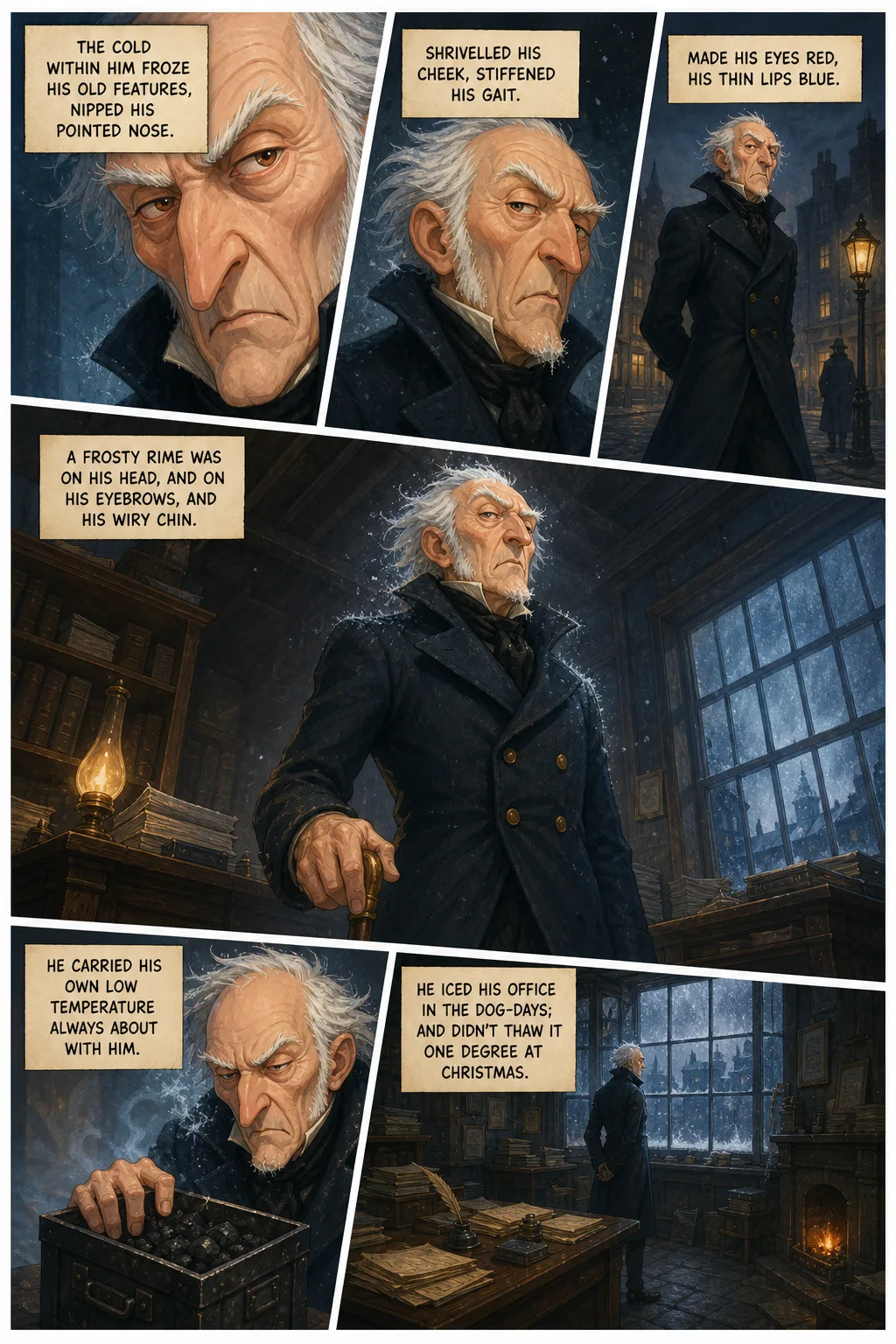 A Christmas Carol, illustrated page 3: The cold within him froze his old features, nipped his pointed nose,