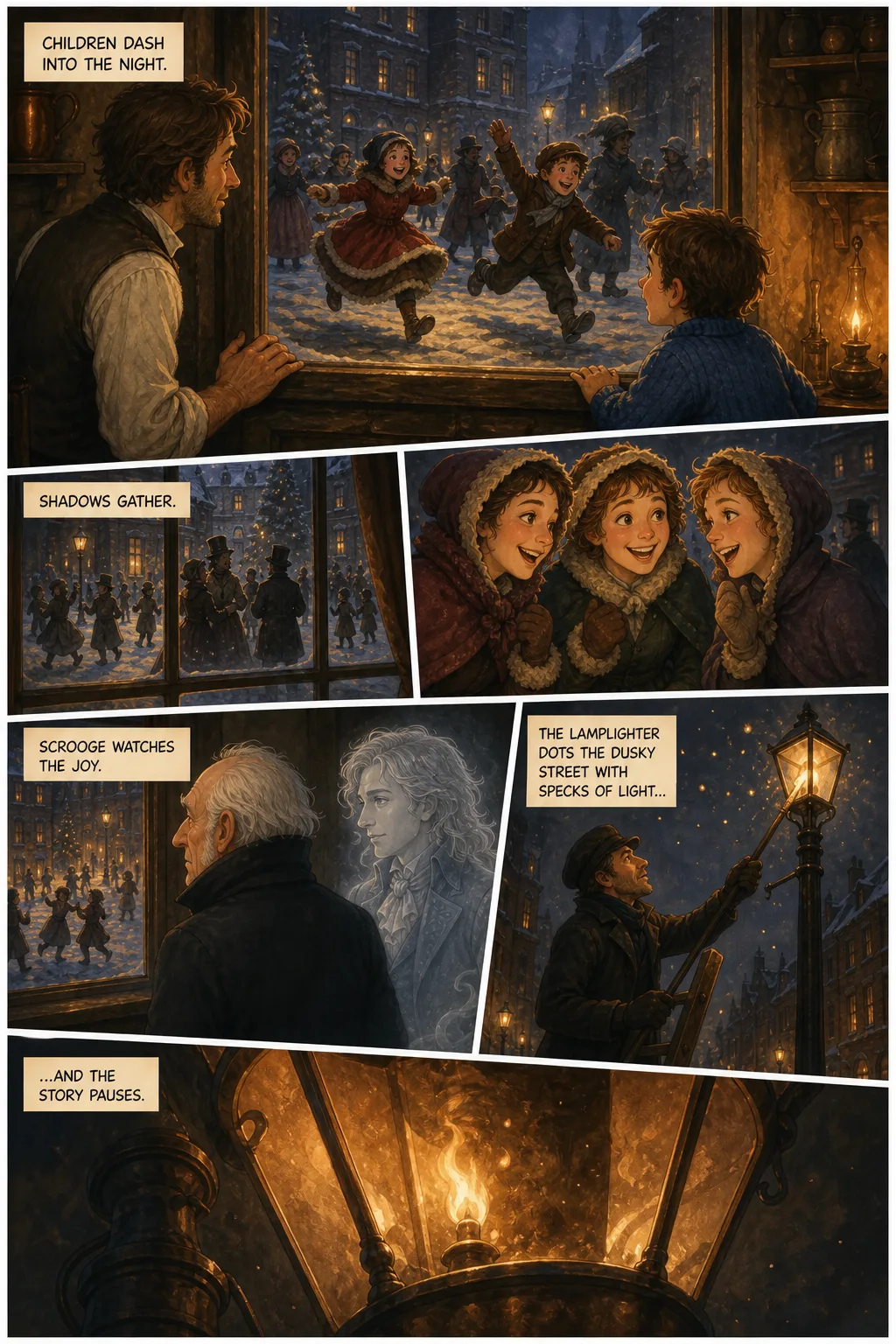 A Christmas Carol, illustrated page 21: Children dash into the night.