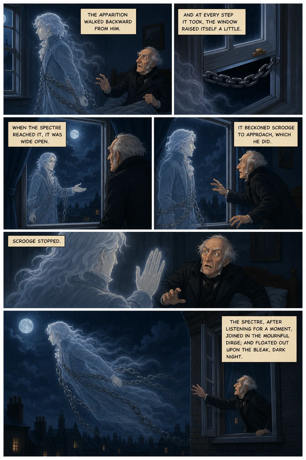 A Christmas Carol, illustrated page 22: The apparition walked backward from him.