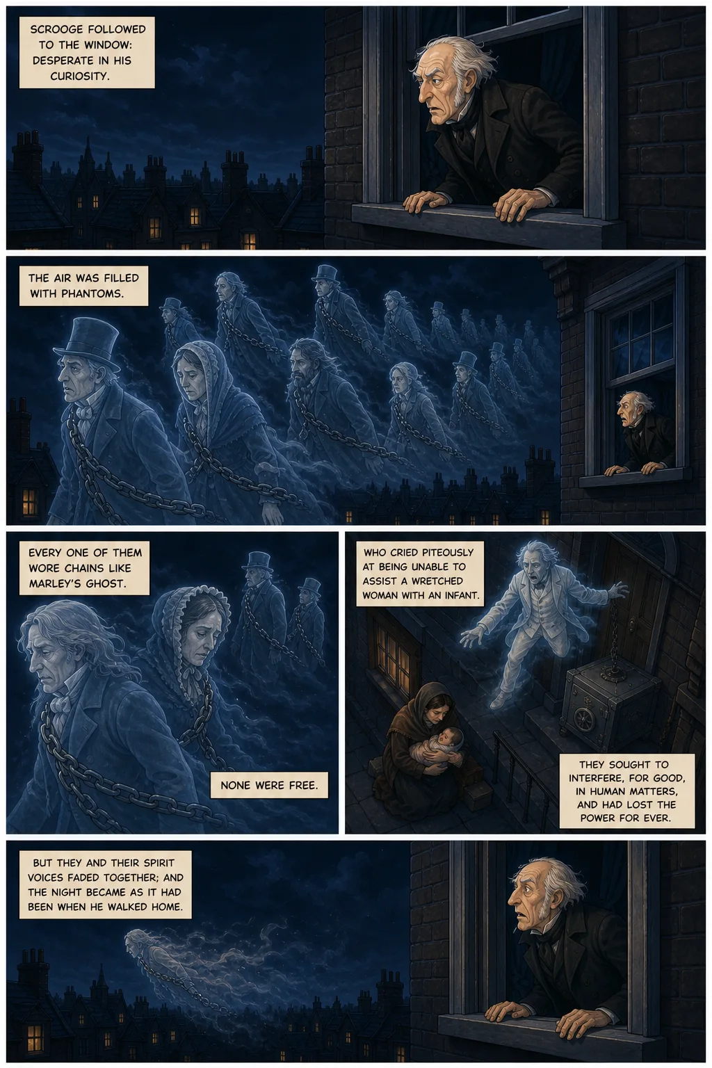 A Christmas Carol, illustrated page 23: Scrooge followed to the window: desperate in his curiosity.