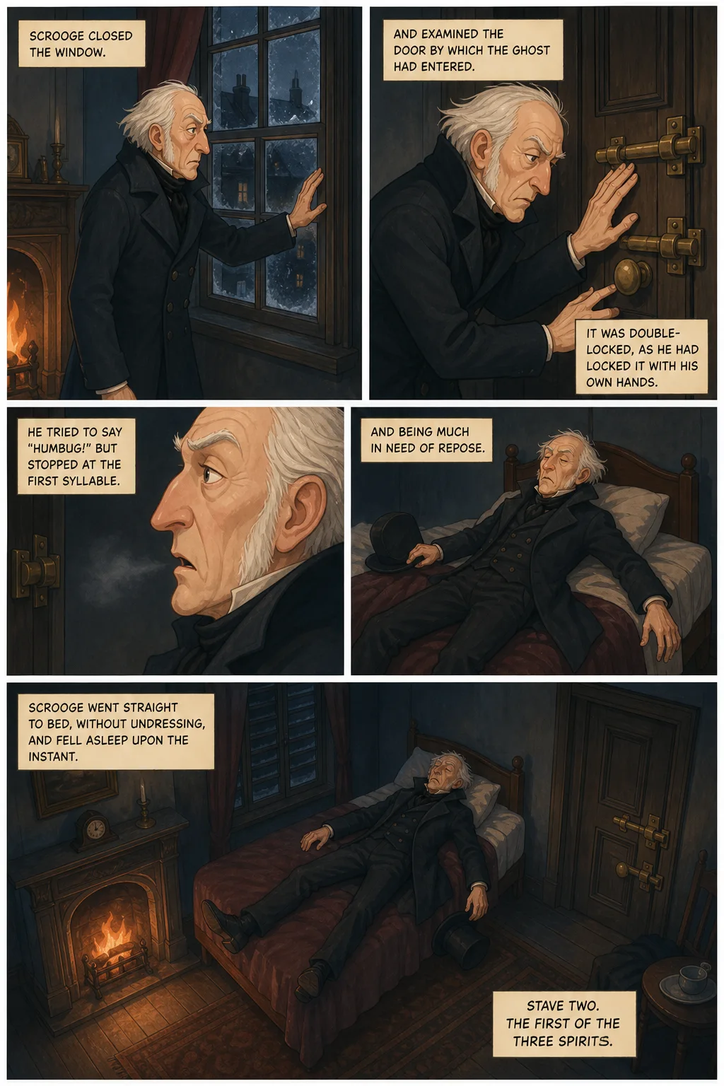 A Christmas Carol, illustrated page 24: Scrooge closed the window,