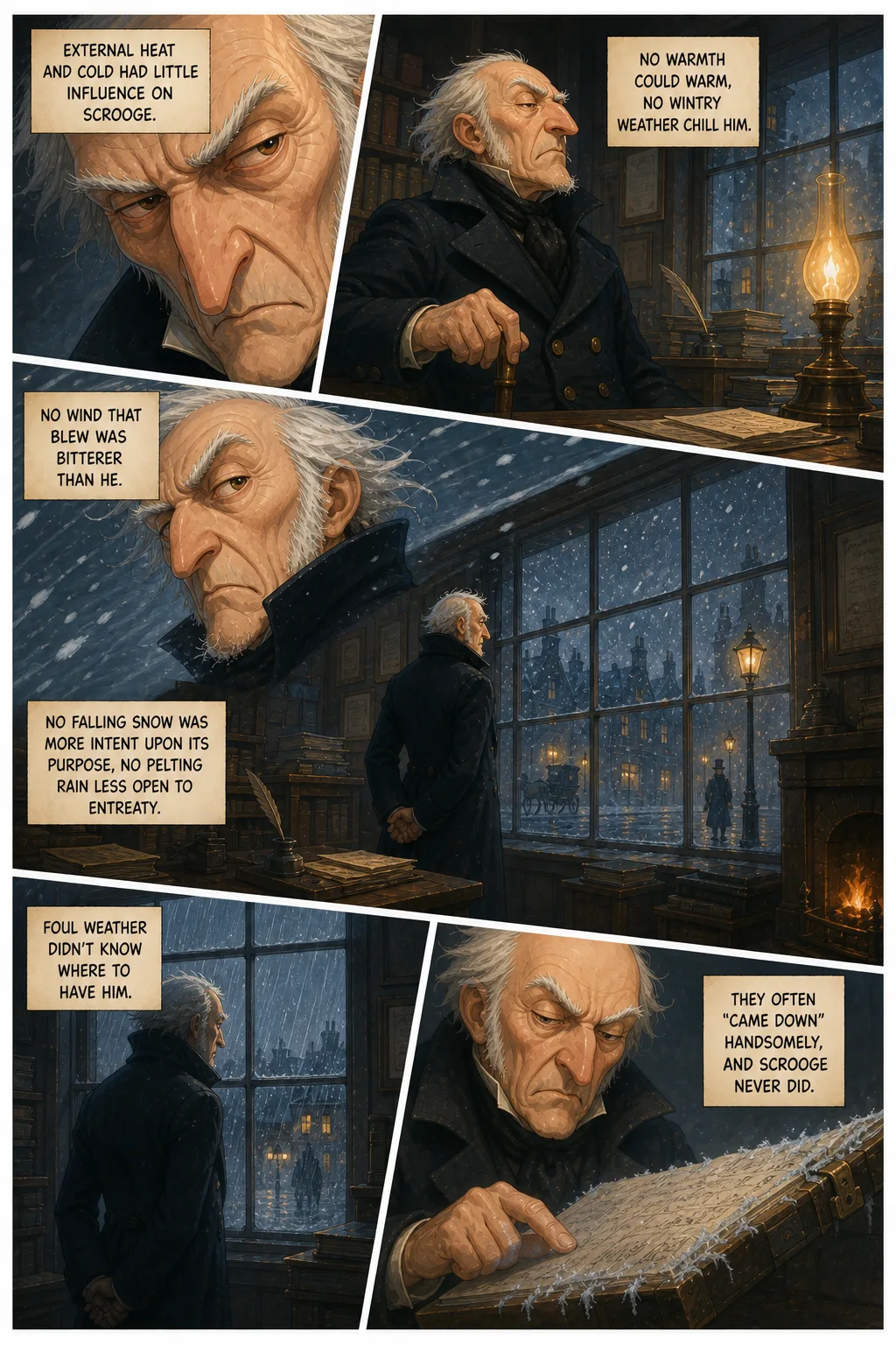 A Christmas Carol, illustrated page 4: External heat and cold had little influence on Scrooge.