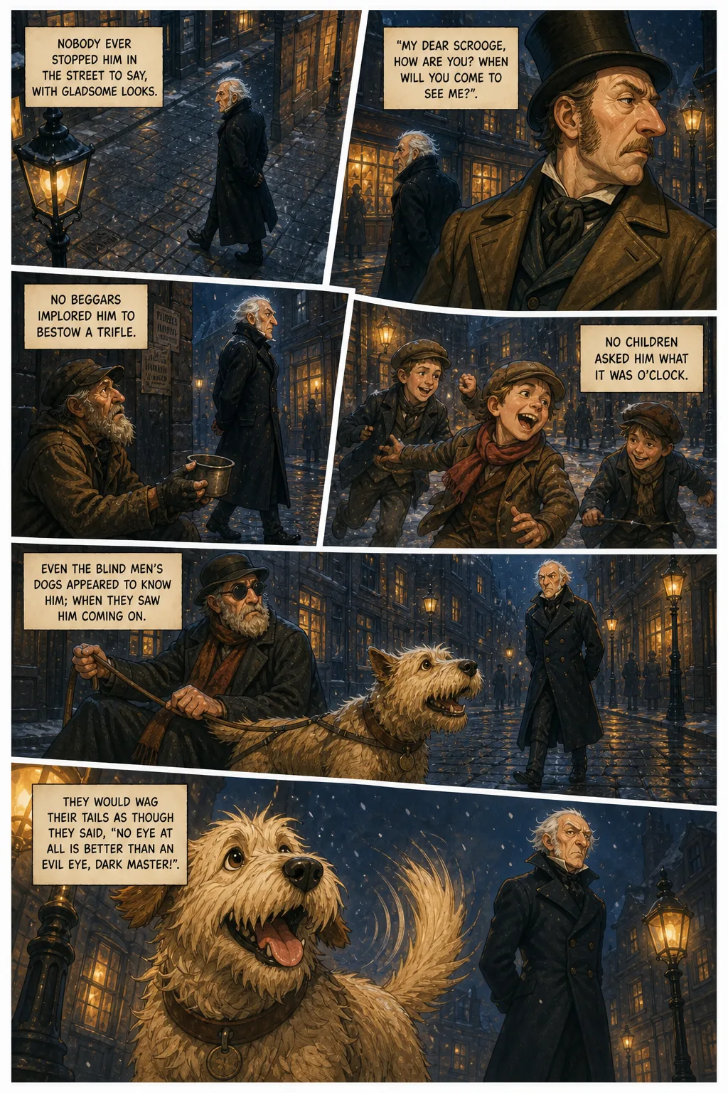 A Christmas Carol, illustrated page 5: Nobody ever stopped him in the street to say, with gladsome looks,
