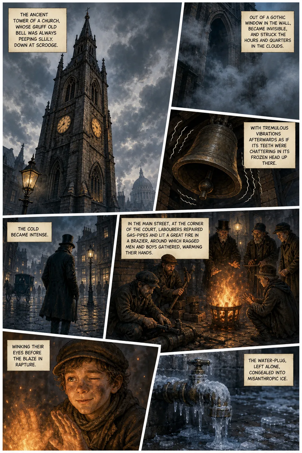 A Christmas Carol, illustrated page 6: The ancient tower of a church, whose gruff old bell was always peeping slily down at Scrooge