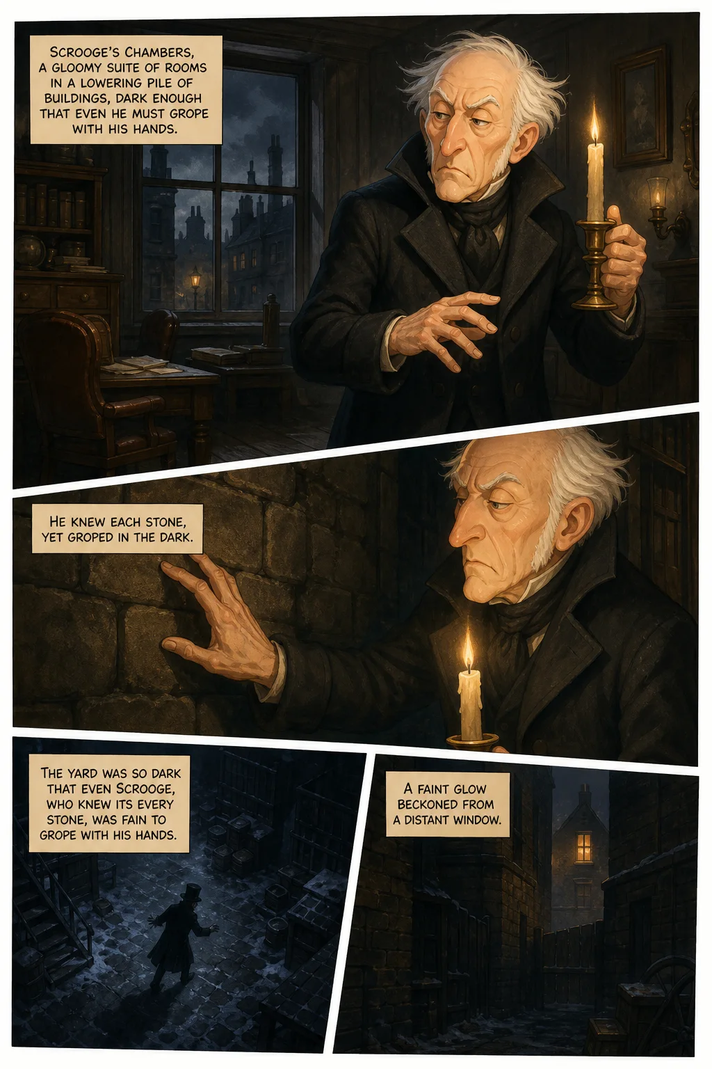 A Christmas Carol, illustrated page 8: Scrooge’s chambers, a gloomy suite of rooms in a lowering pile of buildings, dark enough that even he must grope with his hands.