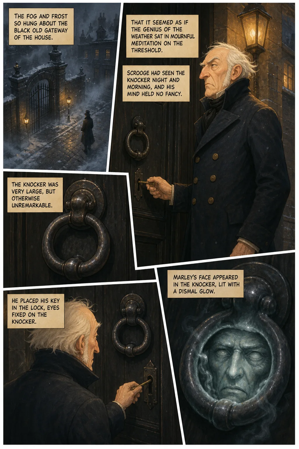 A Christmas Carol, illustrated page 9: The fog and frost so hung about the black old gateway of the house,