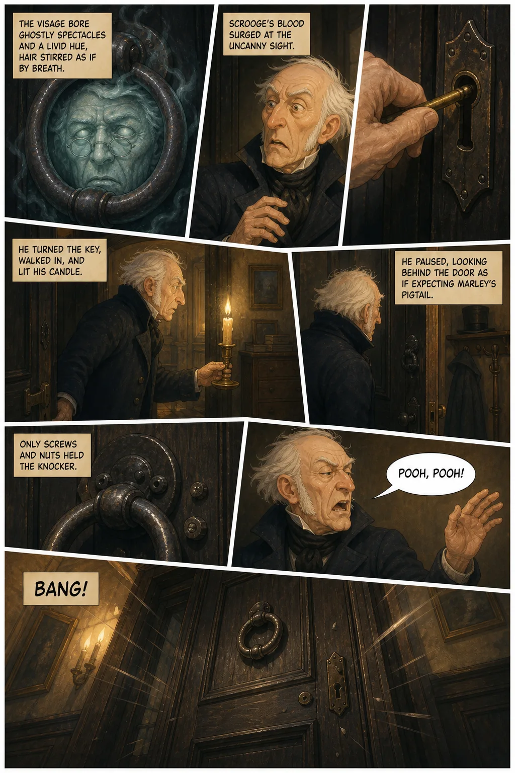A Christmas Carol, illustrated page 10: The visage bore ghostly spectacles and a livid hue, hair stirred as if by breath.