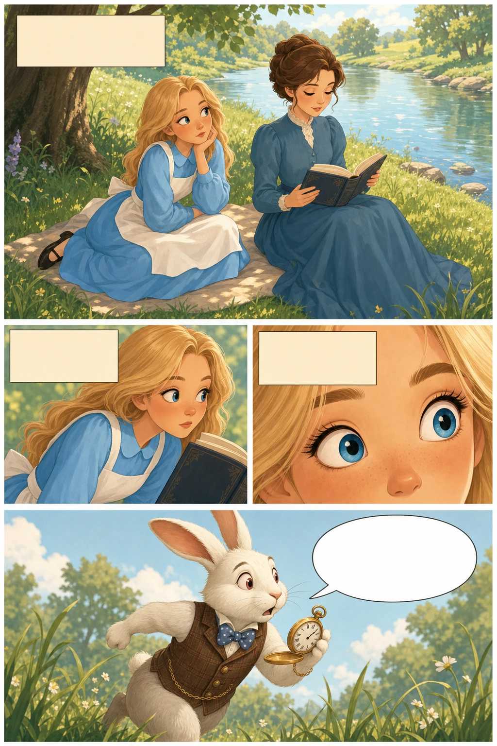 Alice's Adventures in Wonderland, illustrated page 1: Alice was beginning to get very tired of sitting by her sister, with nothing to do.