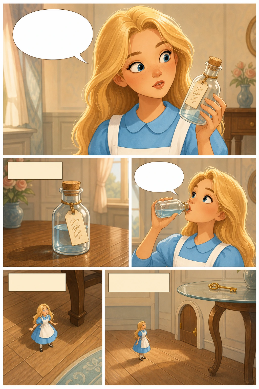 Alice's Adventures in Wonderland, illustrated page 7: No, I’ll look first, and see whether it’s marked ‘poison’ or not.