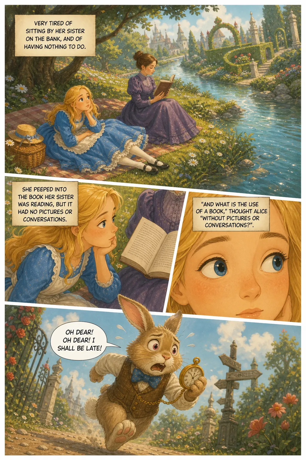 Alice's Adventures in Wonderland, illustrated page 1: Very tired of sitting by her sister on the bank, and of having nothing to do.