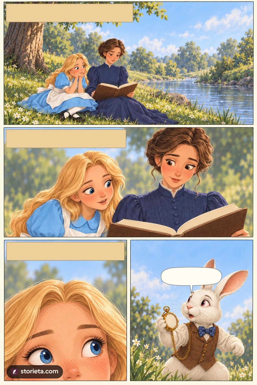 Alice's Adventures in Wonderland, illustrated page 1: Alice was growing very tired of sitting by her sister with nothing to do.