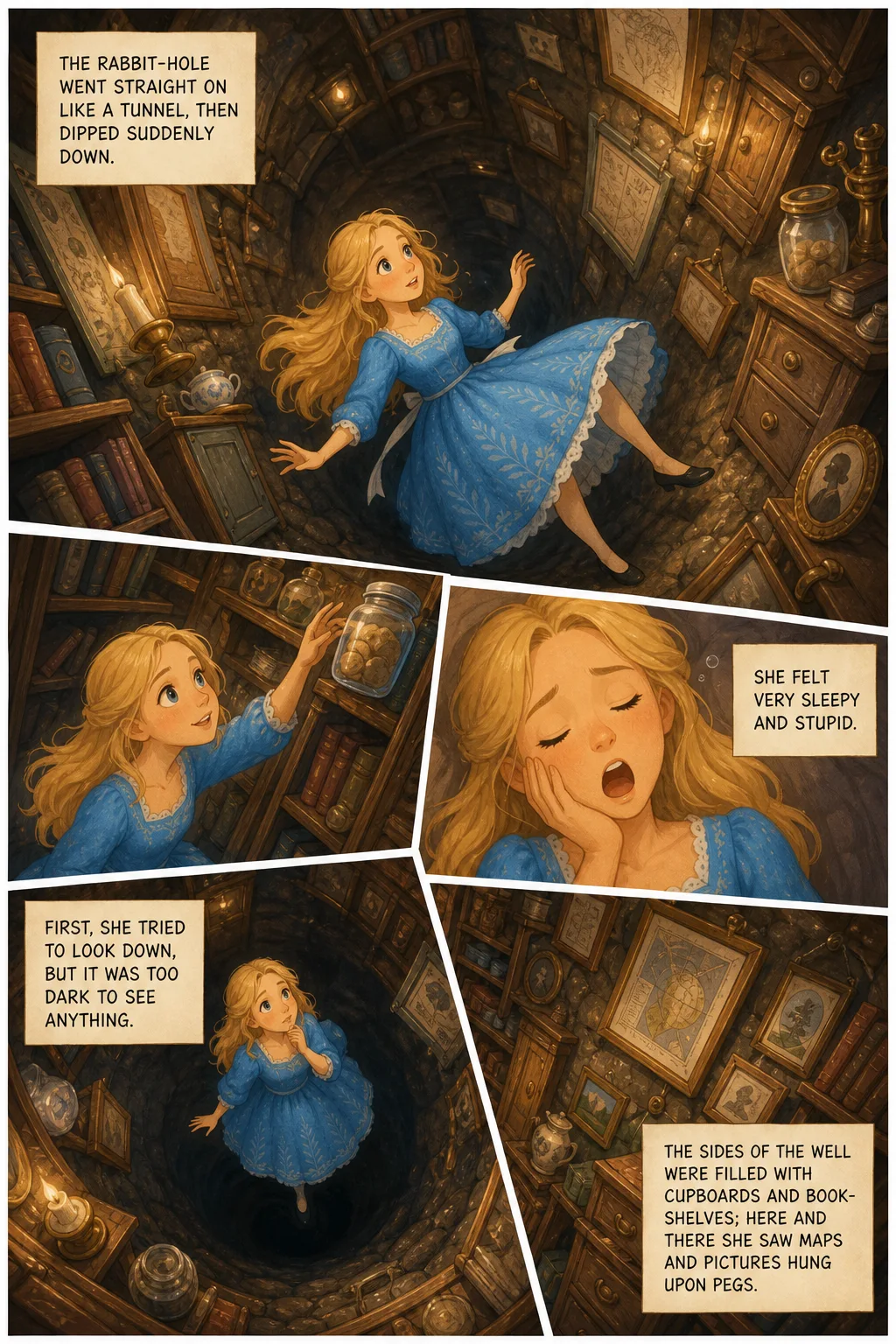 Alice's Adventures in Wonderland, illustrated page 3: The rabbit-hole went straight on like a tunnel, then dipped suddenly down.
