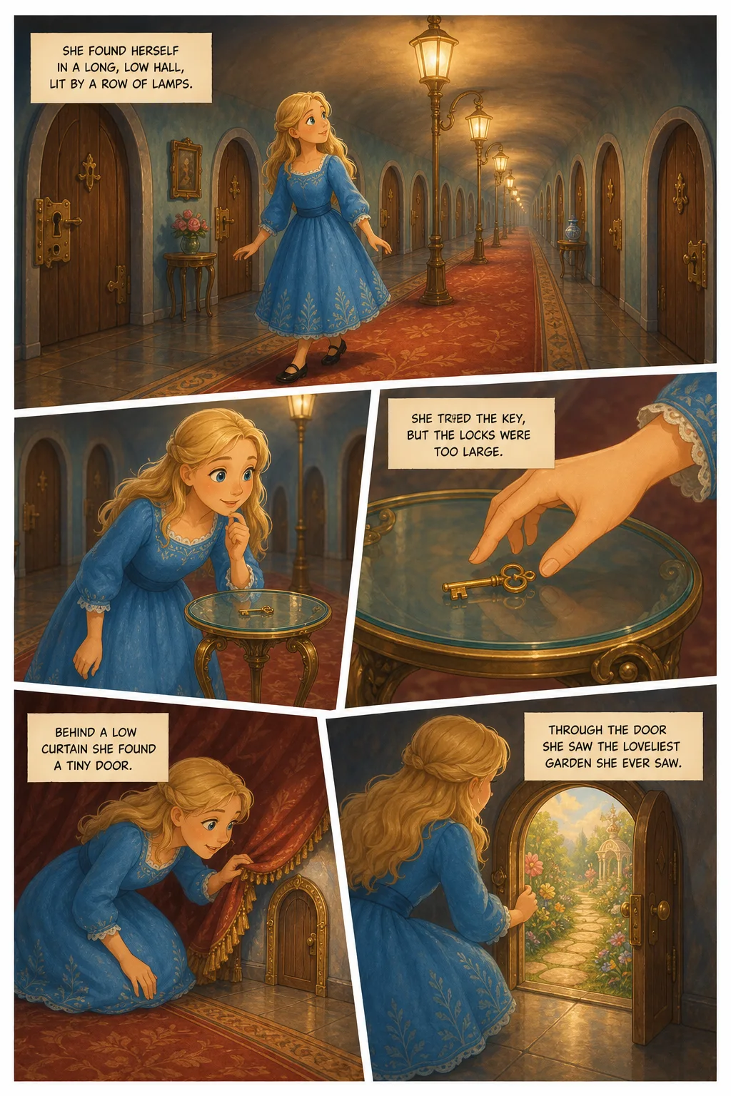Alice's Adventures in Wonderland, illustrated page 6: She found herself in a long, low hall, lit by a row of lamps.